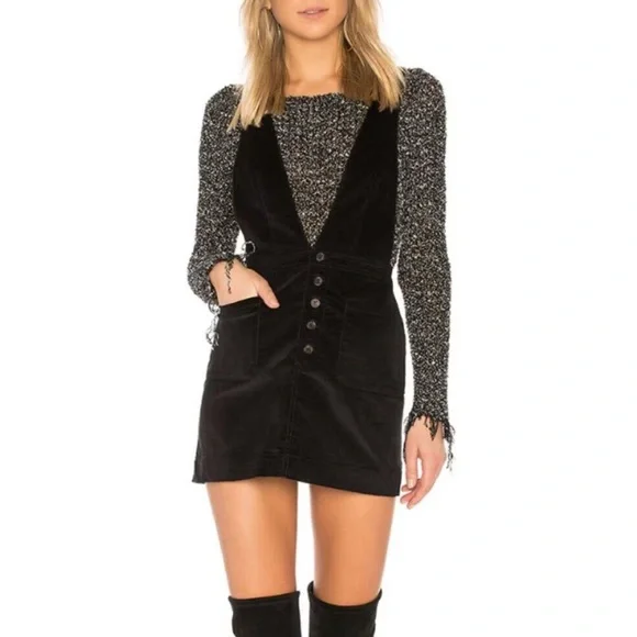 Free People Old School Love Pinafore Overall Dress Black Corduroy Womens 6 - Picture 1 of 4